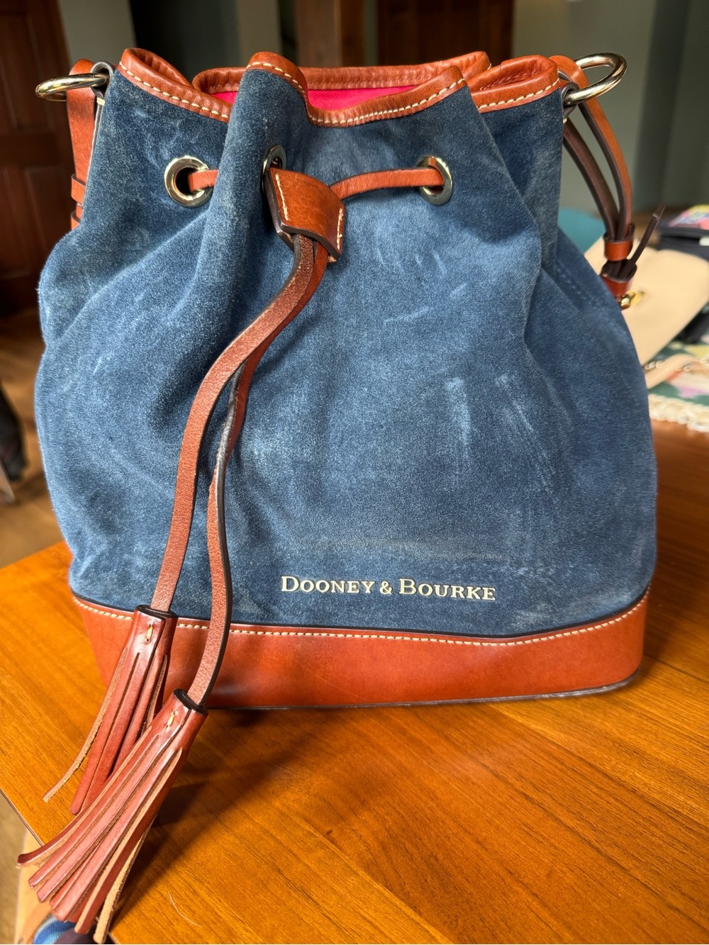 Dooney & Bourke Navy Suede Bucket Drawstring Bag with Brown Leather Trim